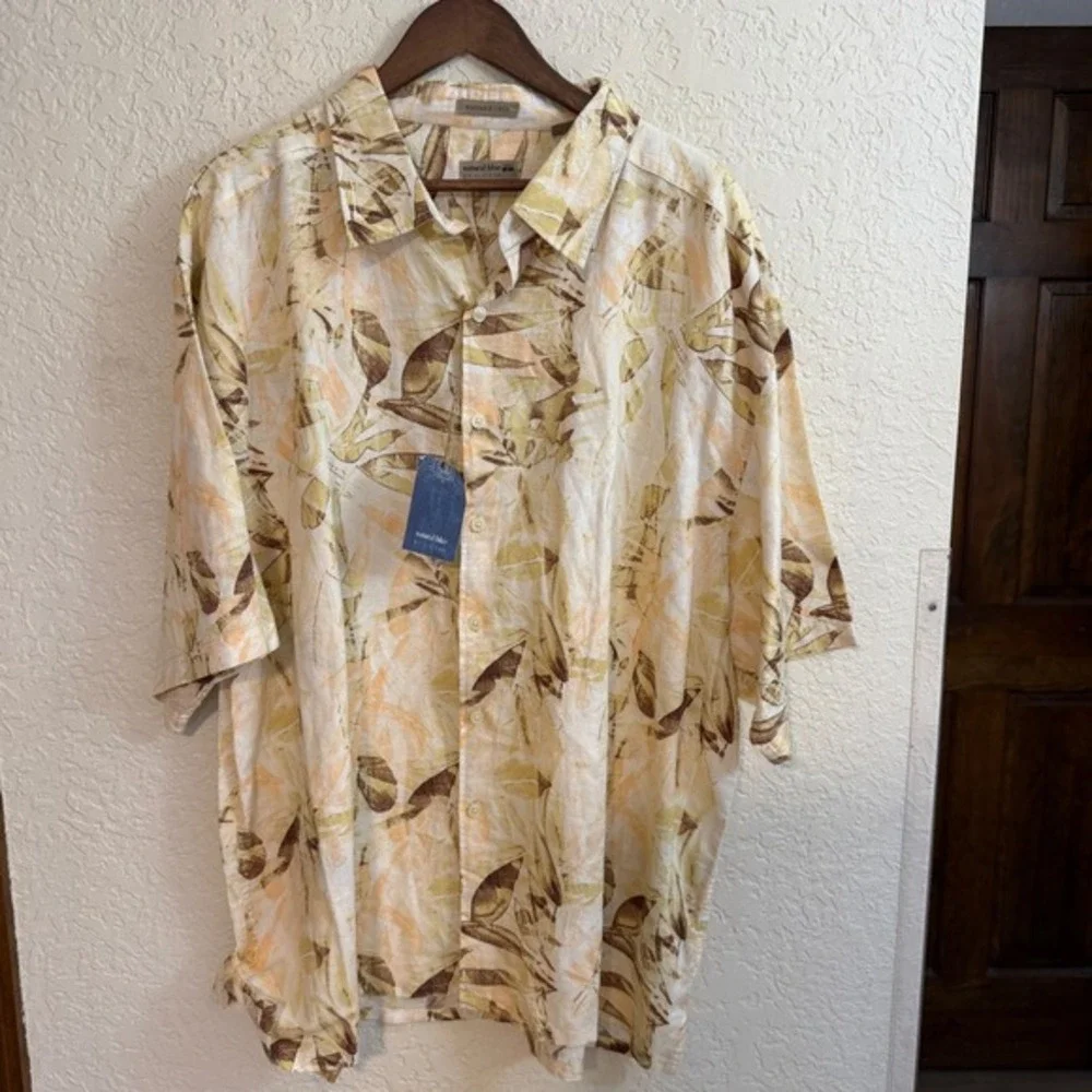 Natural Blue Button Up Shirt Mens 3X Melon BT Linen‎ Blend Tropical Floral NEW